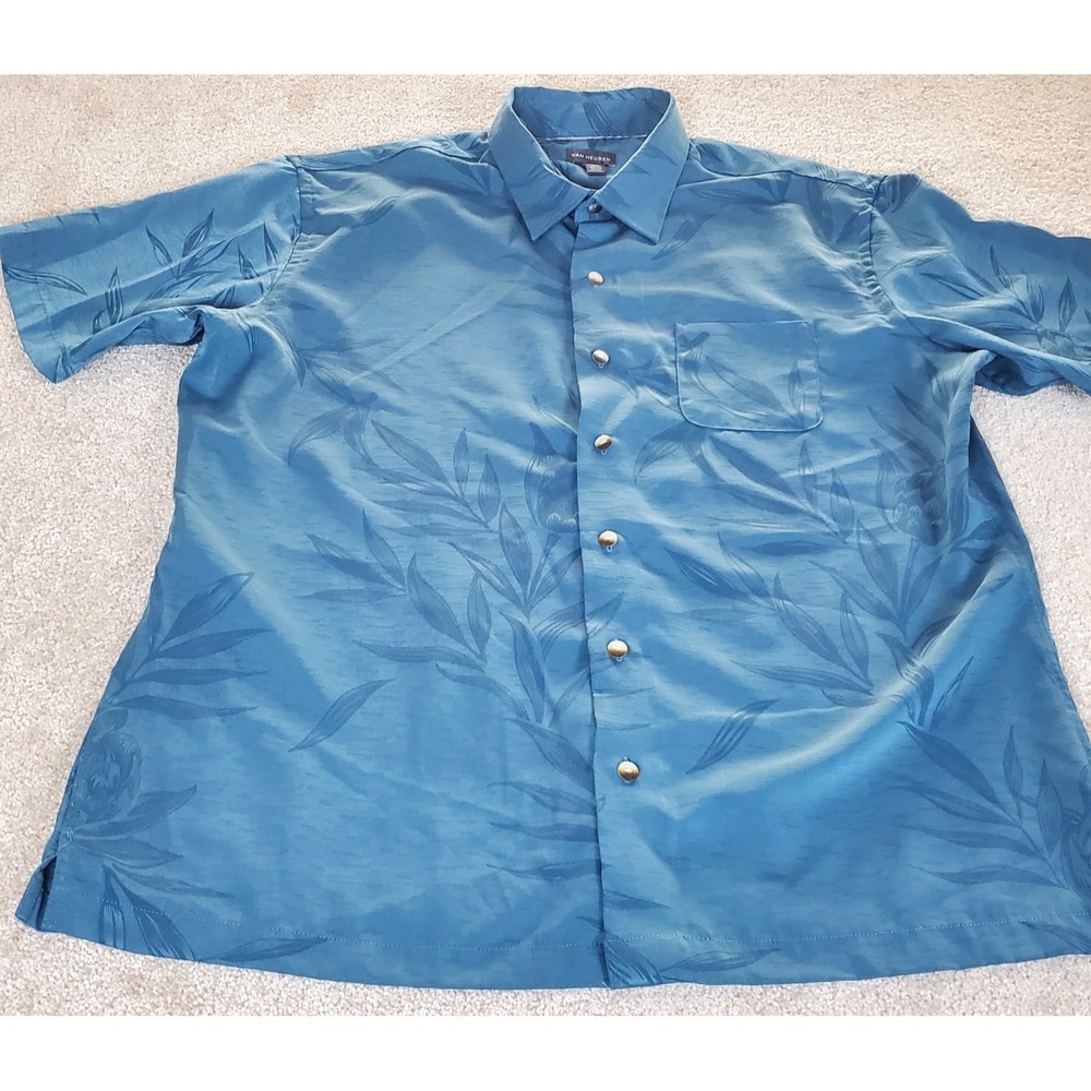 Van Heusen‎ Men's Button Up Shirt Size XL Short Sleeve Teal Blue Shadow Design